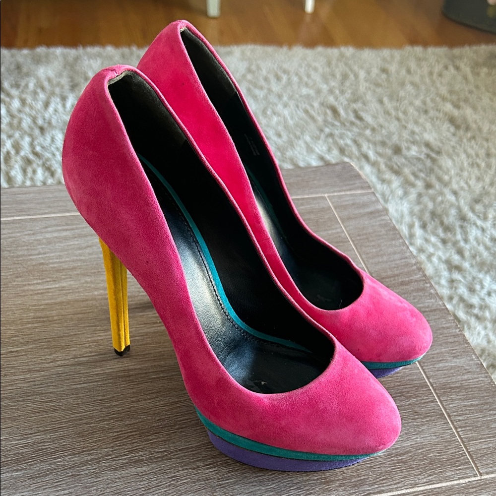 Brian Atwood Pink and Yellow Suede Heels